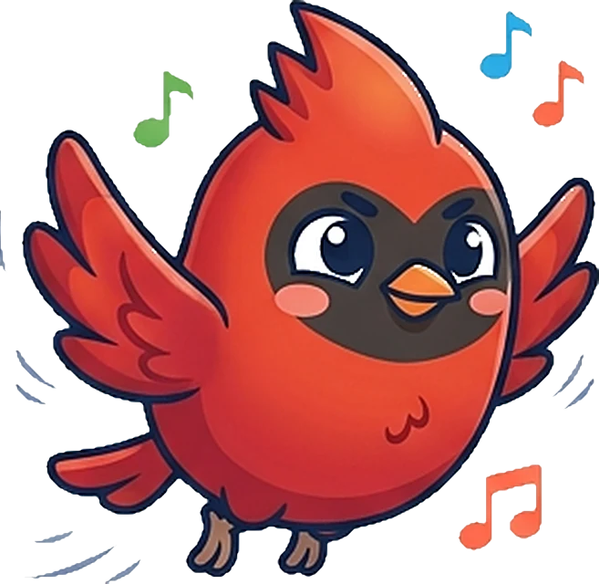 Warble mascot, a cardinal, flying